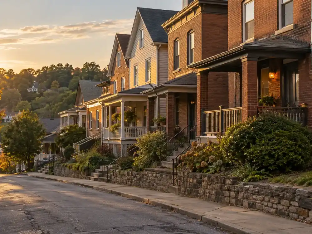 Brick and frame houses along a hillside street in warm late-afternoon light
