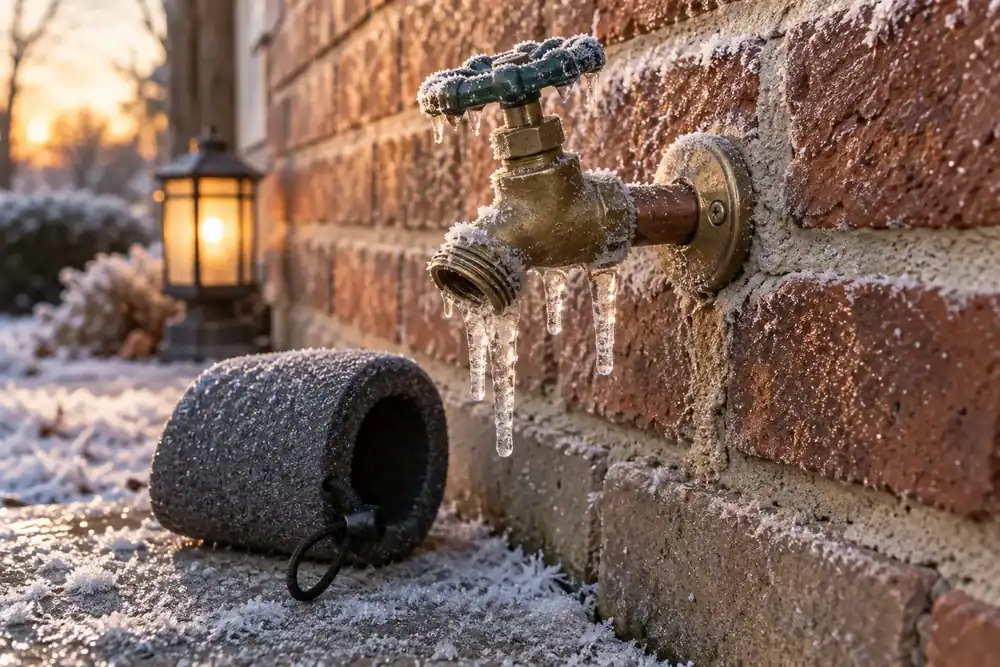 Outdoor faucet with icicles on a brick wall, with a foam cover lying nearby