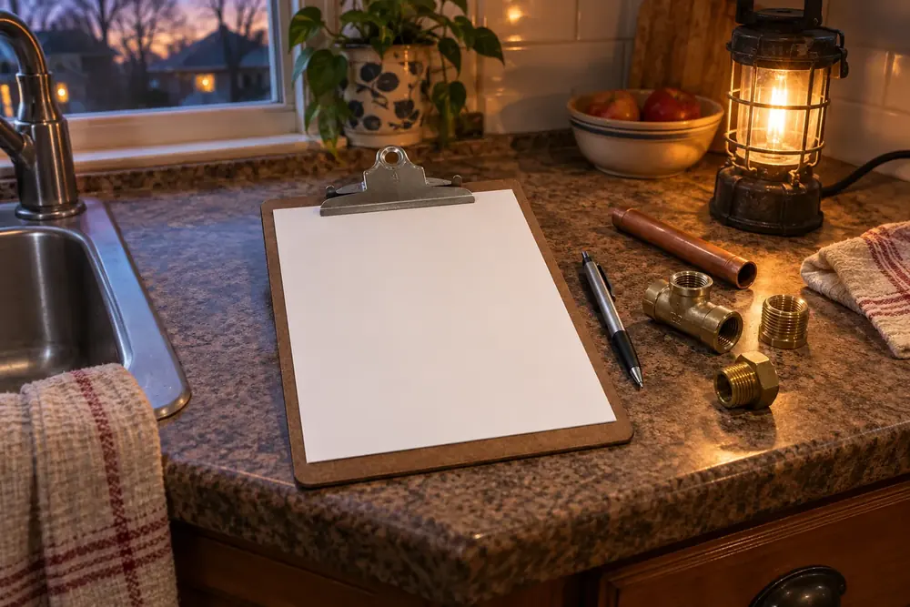 Clipboard with a blank work order, pen and brass plumbing fittings on a kitchen counter