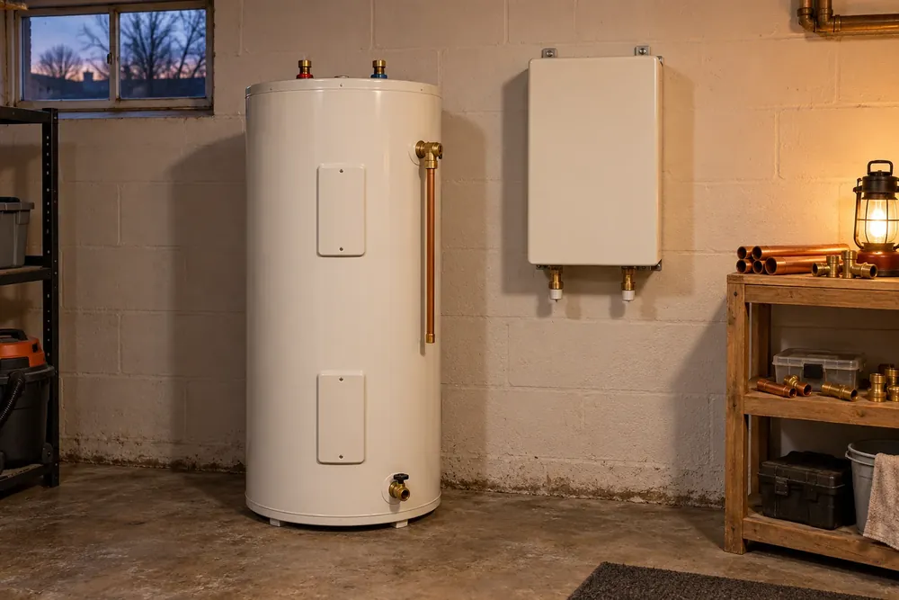 Tank water heater beside a wall-mounted tankless unit in a tidy utility room