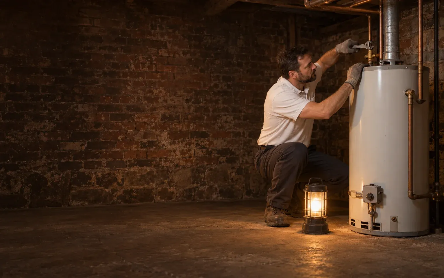 Plumber kneeling in a brick basement tightening a copper fitting on a water heater beside a work lamp