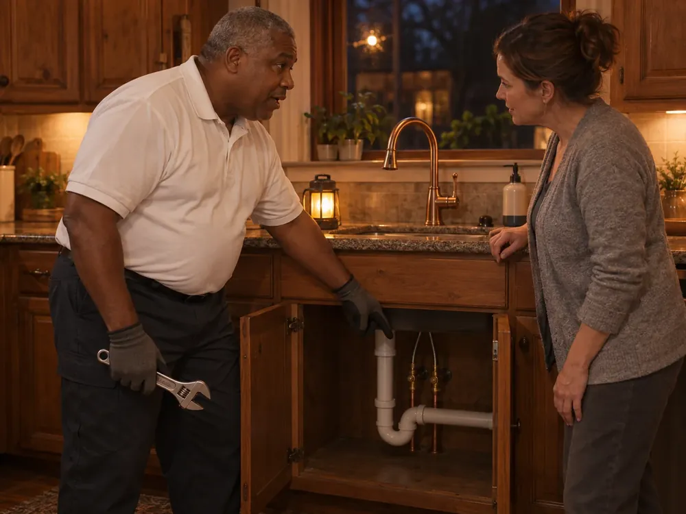 Plumber pointing under an open kitchen sink while a homeowner looks on and listens